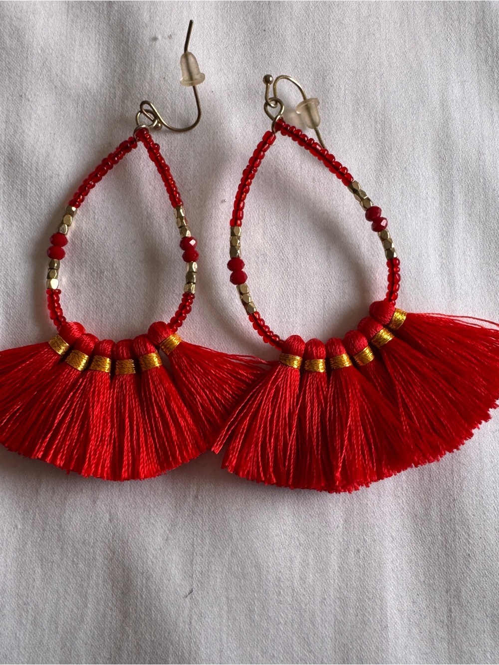Red Tassel Hoop Earrings with Gold Accents